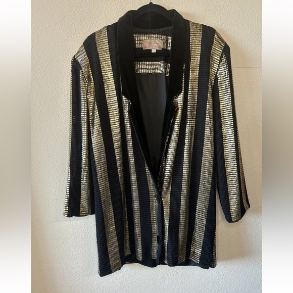 Vintage Brigitte Fashions London Black Gold Jacket Chainmail Velvet L XL - Picture 15 of 15